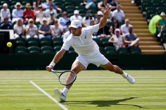 Arthur Fery during his match against Luciano Darderi on day four of the 2025 Wimbledon Championships (Jordan Pettitt/PA)