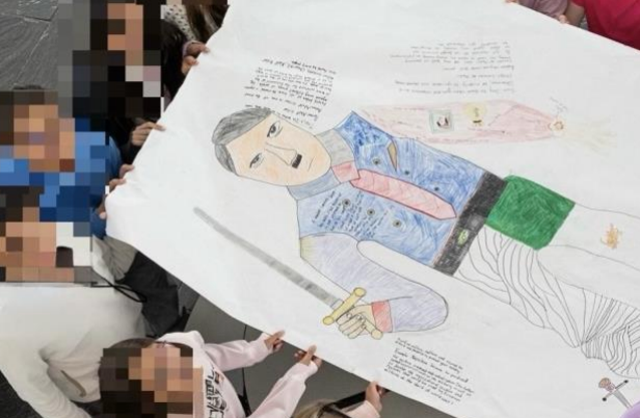<p>Brian Vazquez and Ashok Roy cited this social studies project depicting Adolf Hitler as evidence the Nysmith School for the Gifted allowed ‘antisemitism to take root’ in their daughter’s classroom </p>