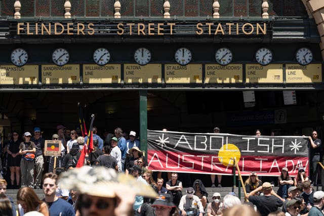 <p>File. People participate in an Invasion Day rally in Melbourne, Australia, on 26 January 2025 </p>