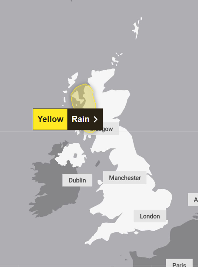 <p>A yellow weather warning for rain has been issued for parts of Scotland</p>