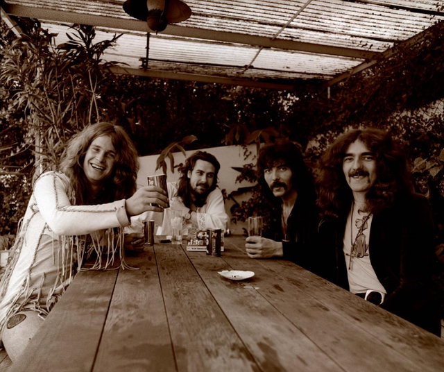 <p>Previous unseen photo of Black Sabbath enjoying a pint in a beer garden</p>