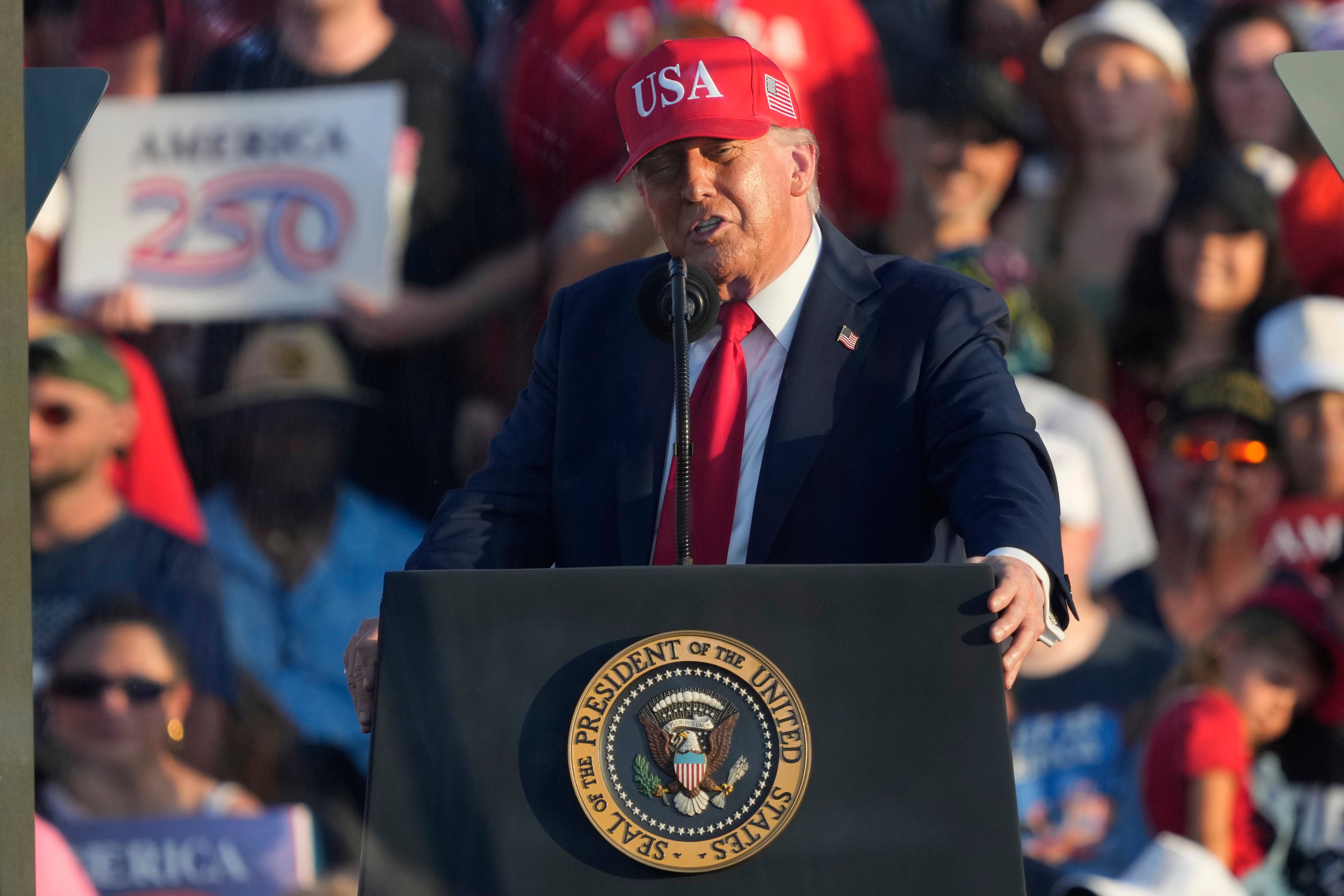 President Donald Trump speaks at the rally at the Iowa State Savica in Des Moines Thursday 3. July 2025. Years