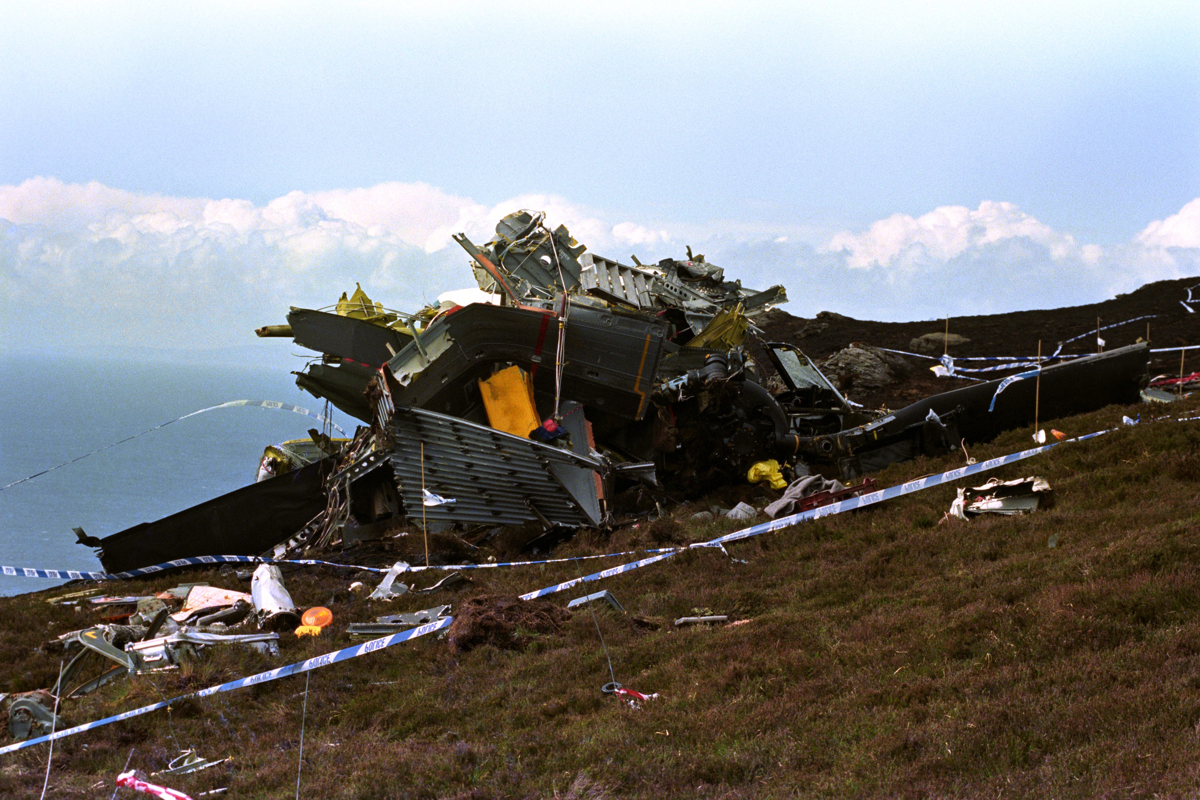 The wreckage of the RAF Chinook helicopter (Chris Bacon/PA)