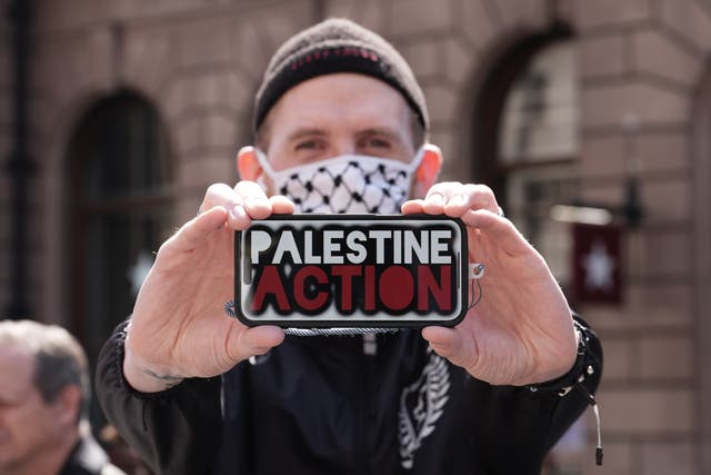 Hundreds gathered on the Strand in support of Palestine Action (Lucy North/PA)