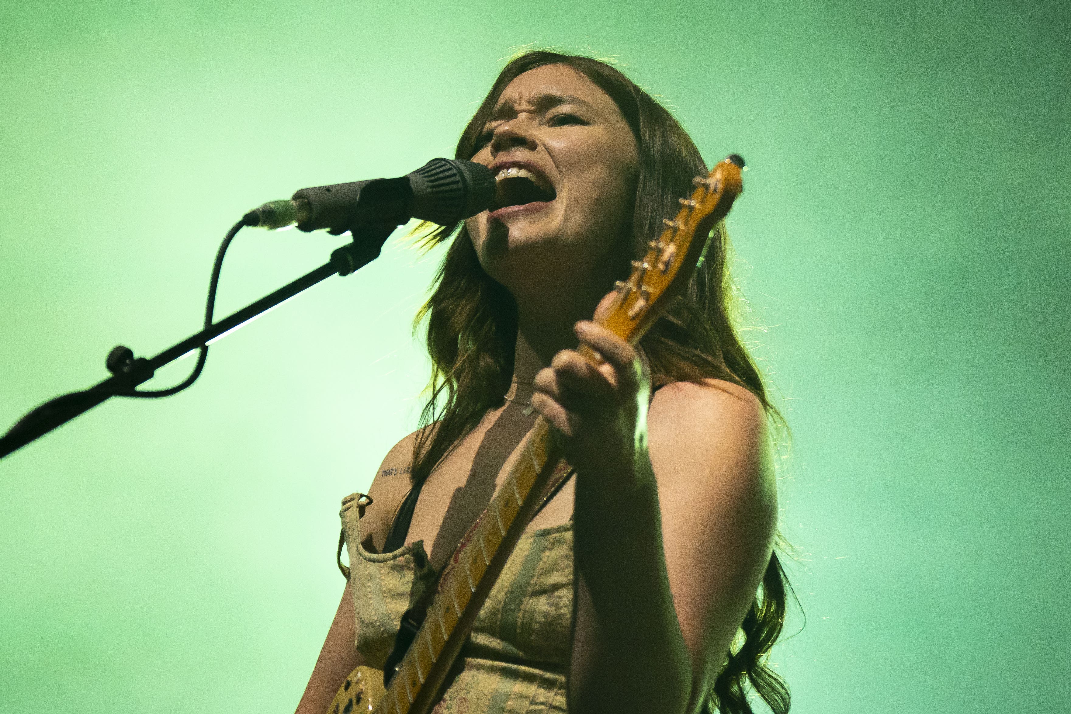 Rhian Teasdale of Wet Leg has said the reaction to Glastonbury sets by Kneecap and Bob Vylan is ‘scary’ (Aaron Chown/PA)