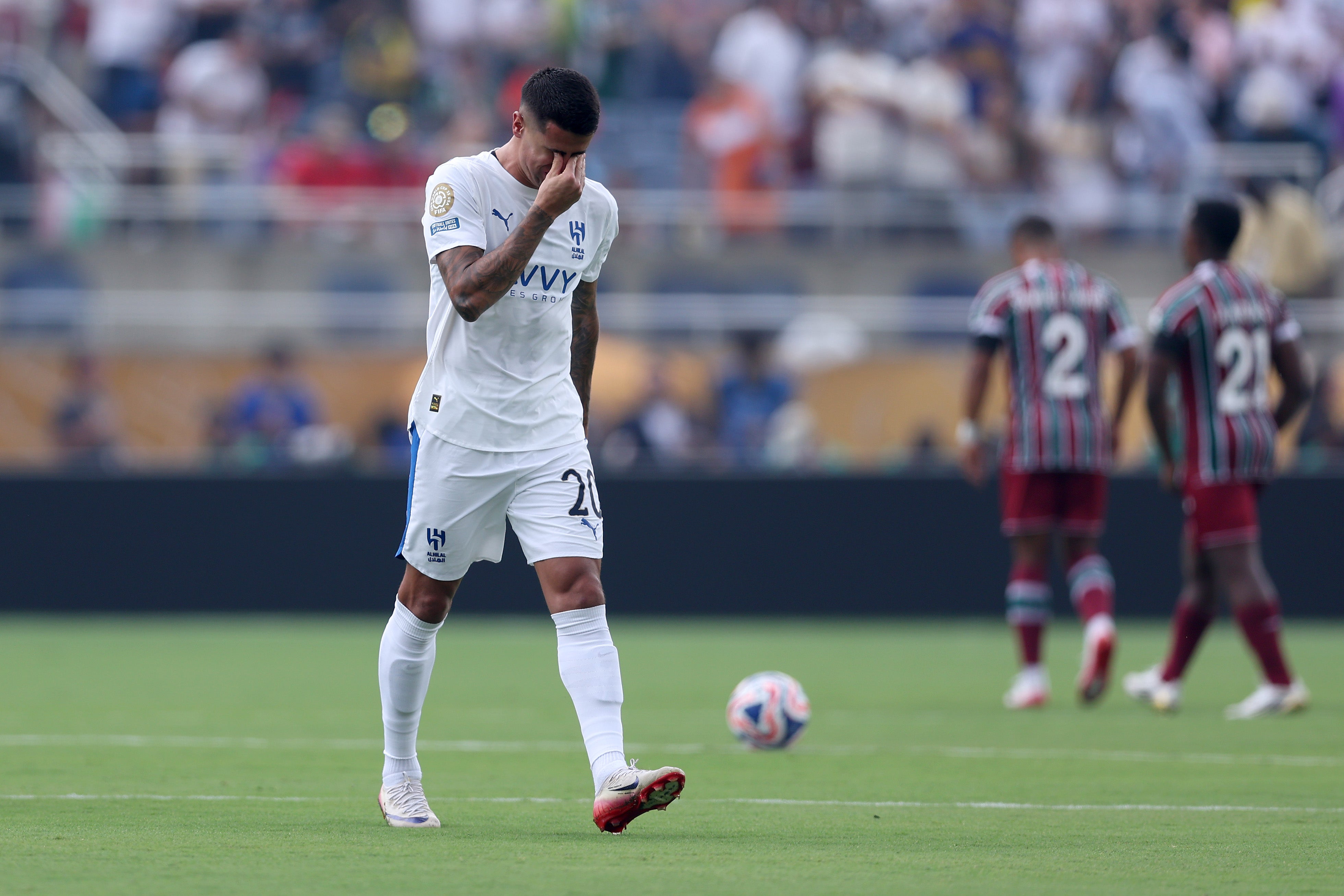Joao Cancelo of Al Hilal reacts following a moments silence Diogo Jota and his brother Andre Silva, at the FIFA Club World Cup 2025 quarter final match between Fluminense FC and Al Hilal.