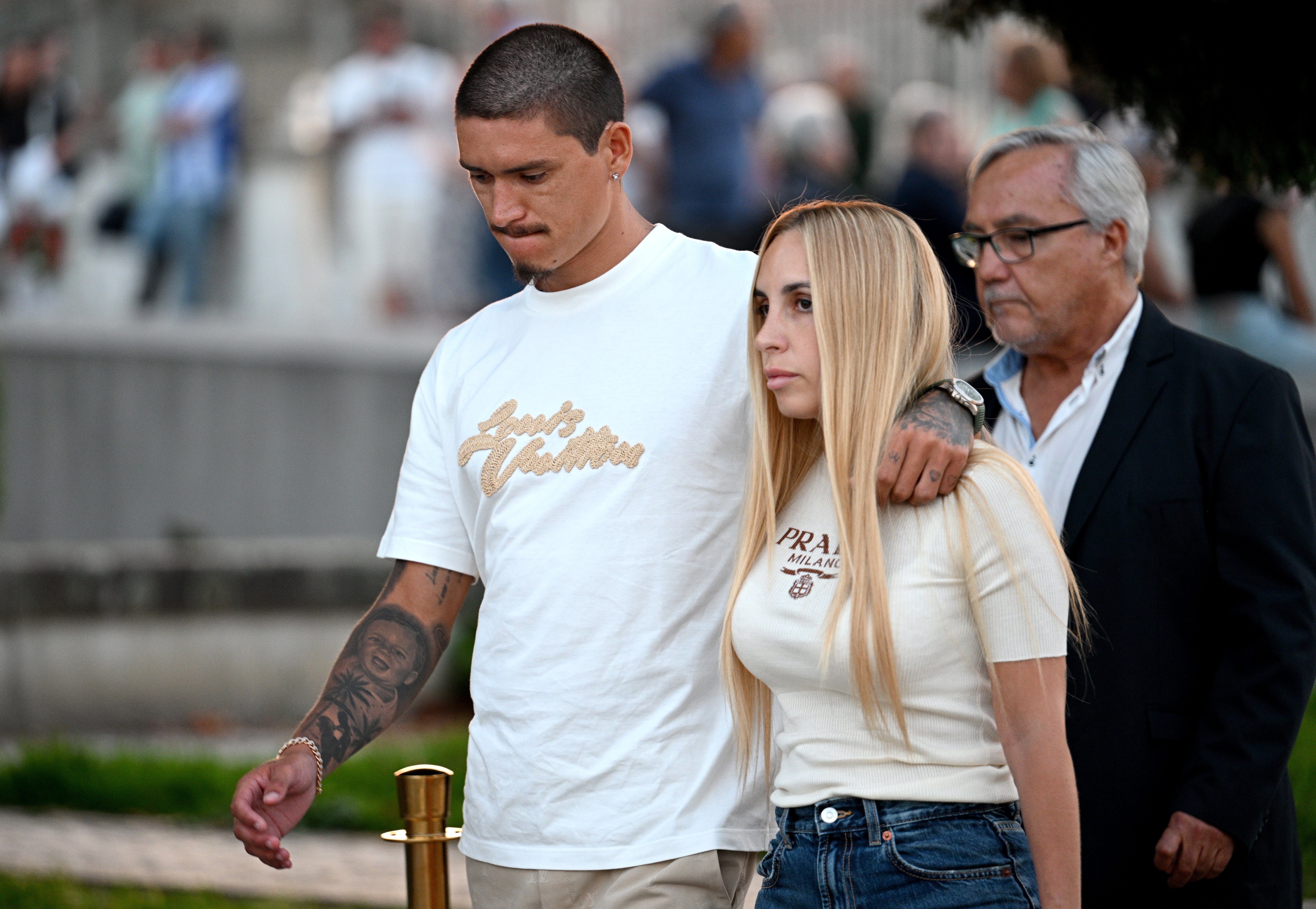 Darwin Nunez, Uruguayan football player for Liverpool and former teammate of Diogo Jota, attends with partner Lorena Manas, at a public wake held for Diogo Jota and his brother Andre Silva at the Capela da Ressurreicao.