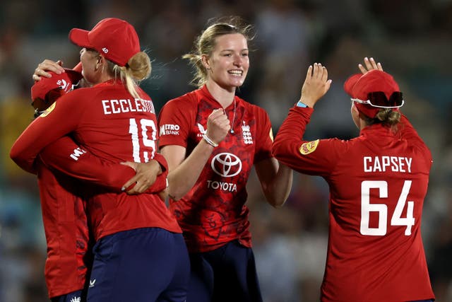 Lauren Bell celebrates the last-ball victory (Steven Paston/PA)