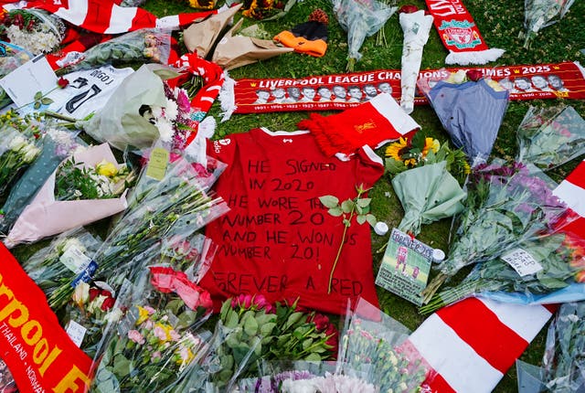 <p>Tributes at Anfield Stadium, home of Liverpool, in memory of Diogo Jota who has died at the age of 28</p>