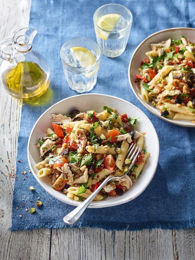A colourful, make-ahead pasta salad loaded with lentils, veg and zesty herbs