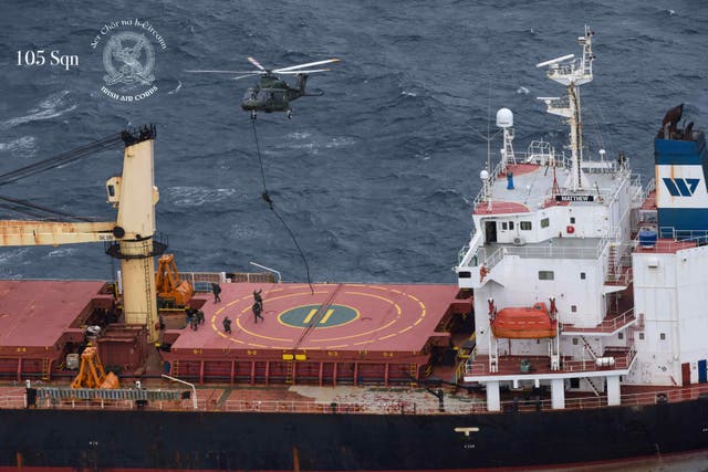The Army Ranger Wing descending onto the MV Matthew (Irish Air Corps/PA)