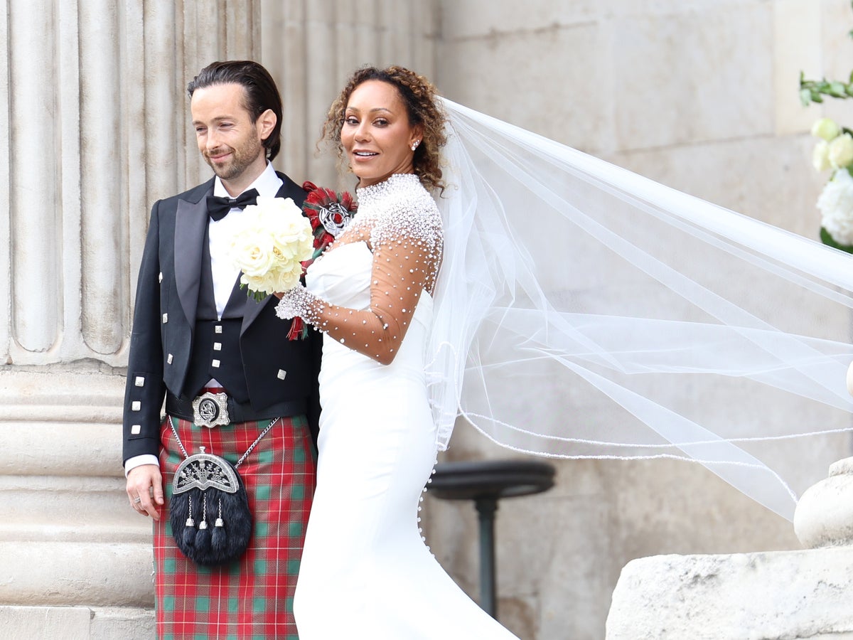 mel b sheer dress Mel B's Bedazzled Sheer Wedding Dress Took Over 850 Hours to Make
