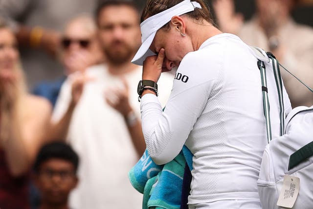 <p>Czech Republic's Barbora Krejcikova cries as she leaves Court 1 </p>