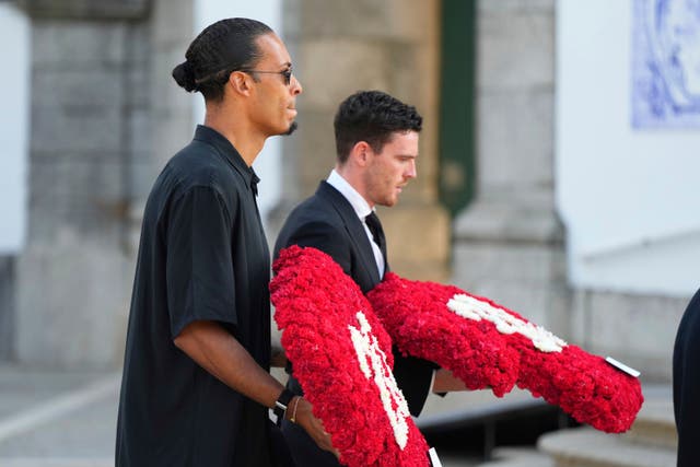 <p>Captain Virgil Van Dijk and Andy Robertson led Liverpool’s tributes at the funeral of team-mate Diogo Jota </p>