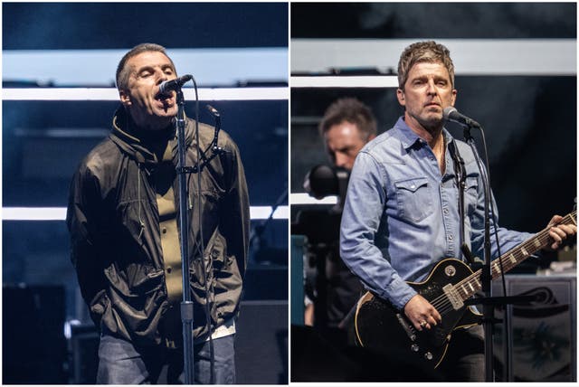 <p>Brothers Liam and Noel Gallagher perform during the first night of the Oasis reunion tour, Cardiff, Wales, Friday 4 July 2025</p>