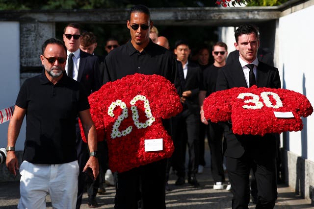 <p>Liverpool's captain Virgil van Dijk and Liverpool's player Andrew Robertson arrive on the day of the funeral ceremony of Liverpool's Portuguese soccer player Diogo Jota and his brother Andre Silva</p>