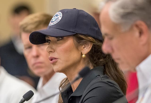<p>Homeland Security Secretary Kristi Noem visits Kerrville, Texas, to discuss the flooding along the Guadalupe River on Saturday July 5 2025</p>