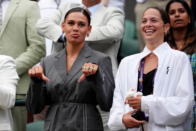 <p>Ben Shelton's sister Emma (right) was jokingly booed by the Wimbledon crowd after Shelton revealed her job in an on court interview</p>