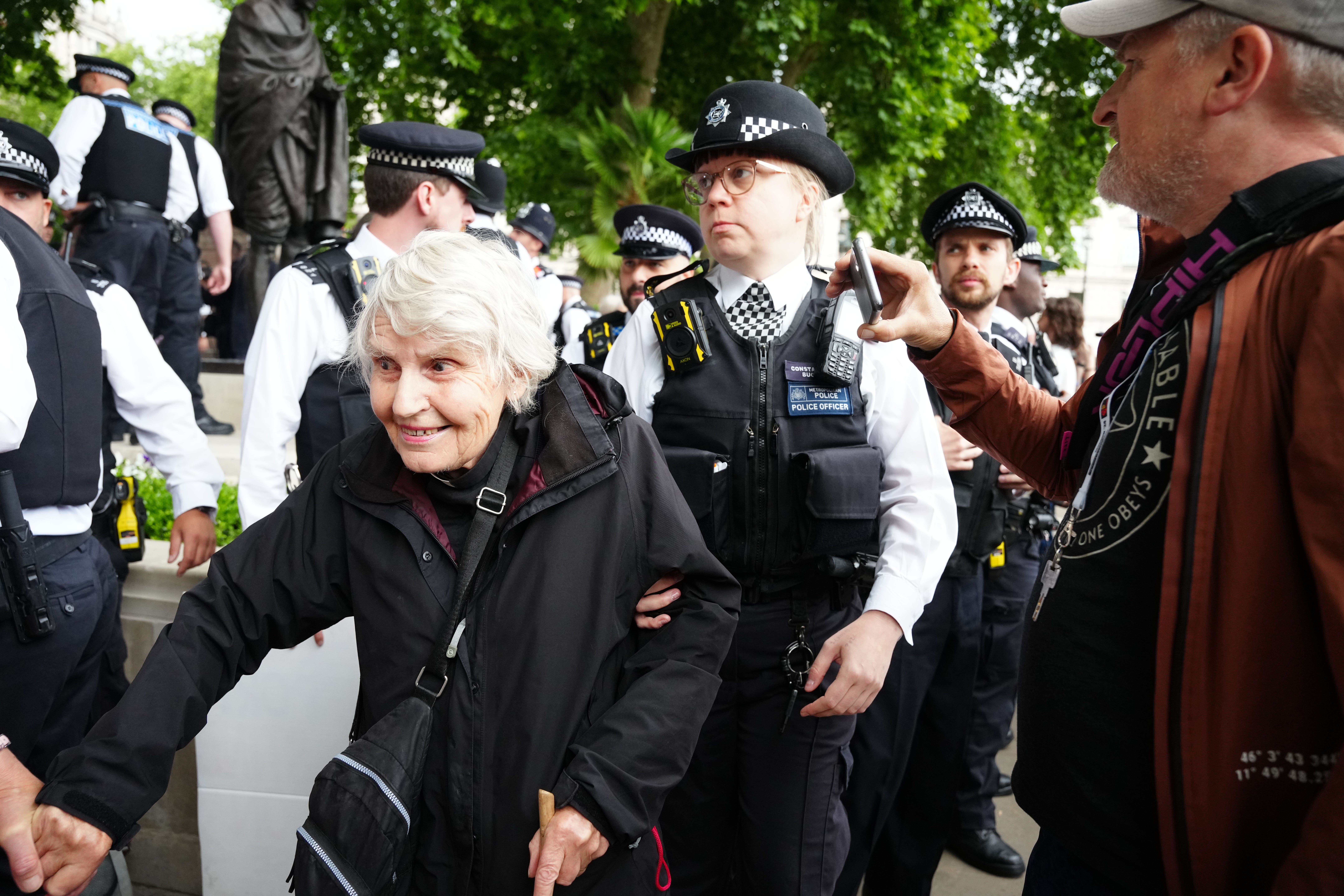 Metropolitan Police officers removing 83-year-old Reverend Sue Parfitt from a protest in support of Palestine Action (Jeff Moore/PA)