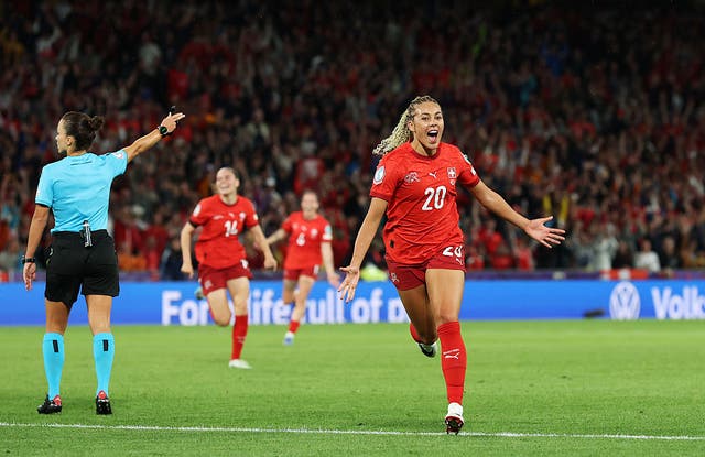 <p>Alayah Pilgrim of Switzerland celebrates scoring her team's second goal</p>