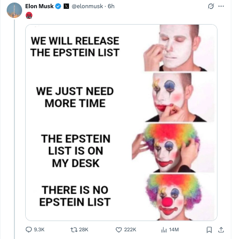 One of the memes Elon Musk posted on X after the Department of Justice released a new memo that said Jeffrey Epstein had no ‘client list.’