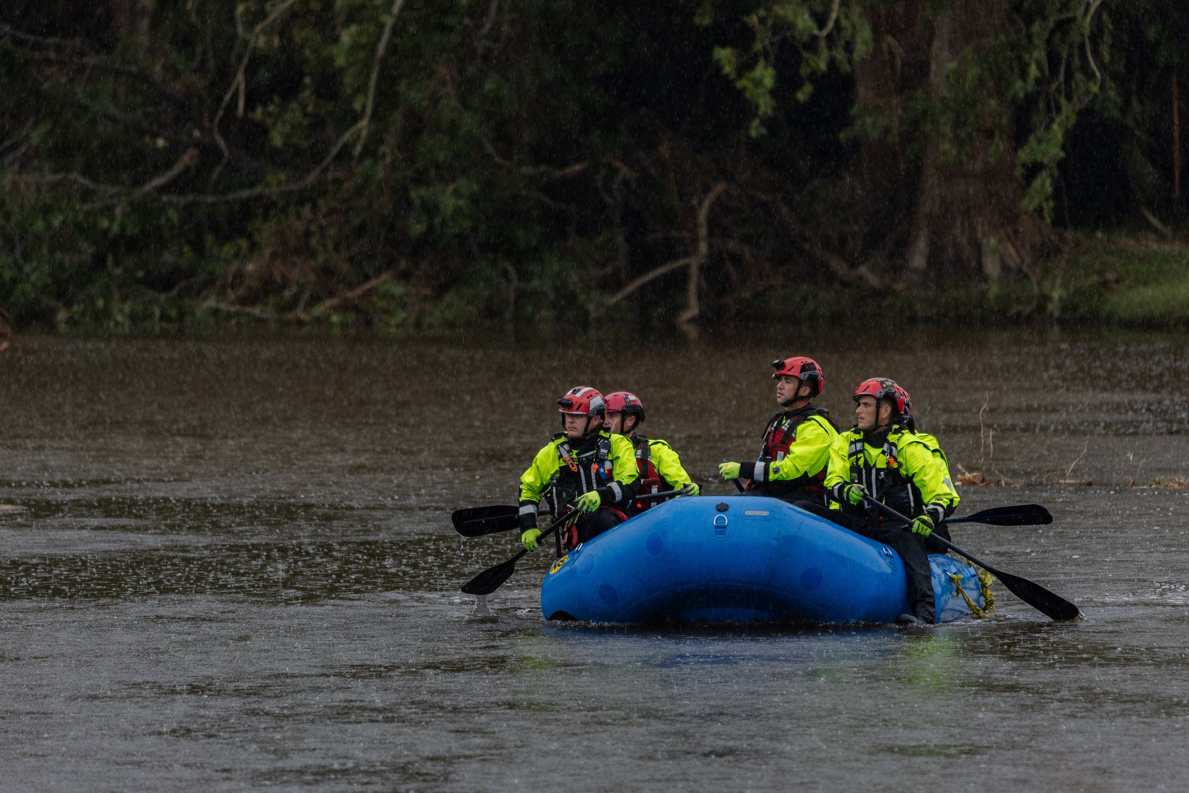 Workers searched for survivors in the rain on the Guadalupe River over the weekend. More heavy rain is forecast to fall in the area on Monday
