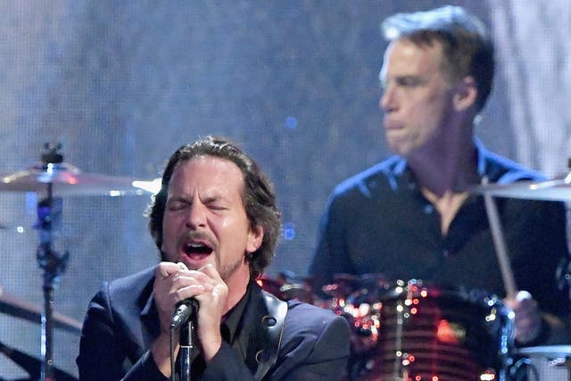 <p>Pearl Jam's Eddie Vedder and Matt Cameron performing at the Rock & Roll Hall Of Fame Induction Ceremony at Barclays Center in New York in 2017</p>
