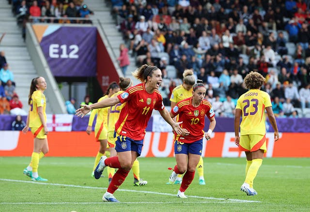 <p>Alexia Putellas celebrates scoring Spain’s final goal in the 6-2 win over Belgium</p>