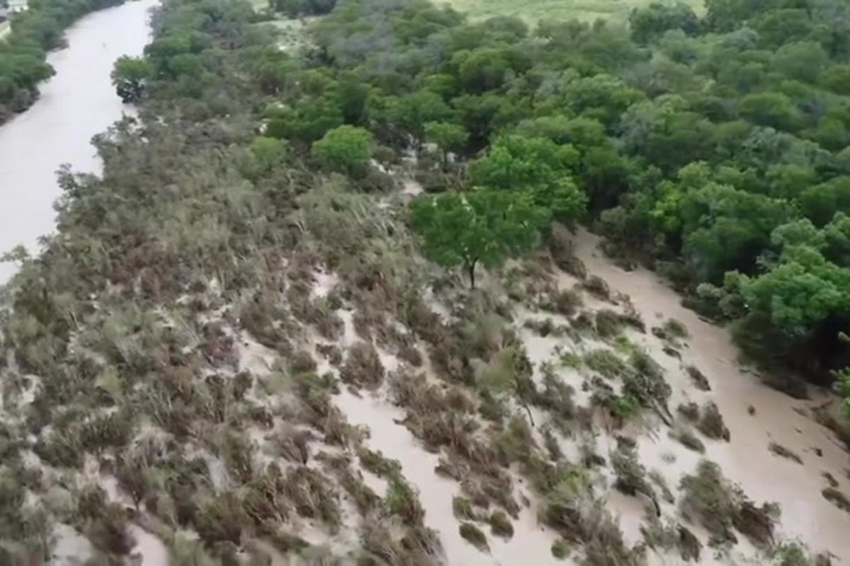 Texas floodwaters send trees crashing into river