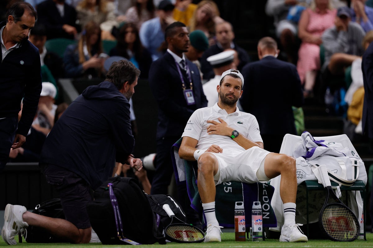 Injured Grigor Dimitrov retires from Jannik Sinner match with two-set lead at Wimbledon