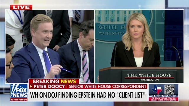 <p>Fox News correspondent Peter Doocy grills White House press secretary Karoline Leavitt on Pam Bondi's contradictory claims about Jeffrey Epstein's "client list."</p>