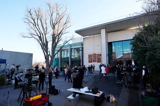 A large media package that waits outside the Latrobe Valley Court to hear the verdict on Monday