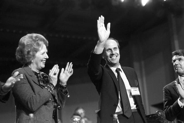 <p>Margaret Thatcher applauds Norman Tebbit after his speech at the opening of the annual Tory conference at the Winter Gardens in Blackpool in 1985</p>