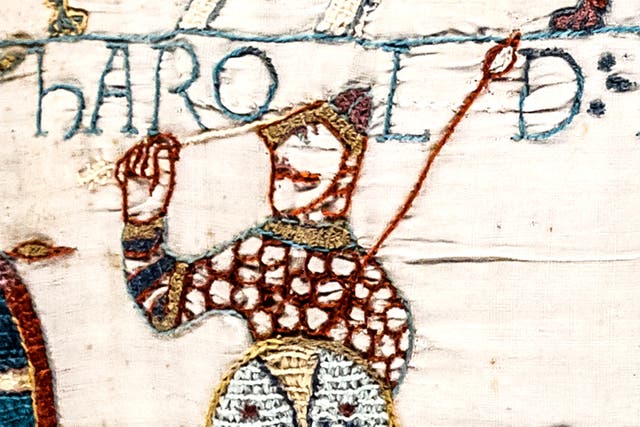 <p>The Bayeux Tapestry depicting King Harold struck in the eye by an arrow</p>