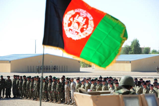 <p>British and Afghan troops stand side by side at Camp Shorabak, Helmand province in Afghanistan</p>