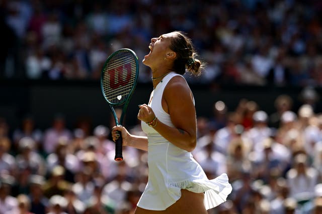 <p>Aryna Sabalenka celebrates during her match against Germany’s Laura Siegemund</p>
