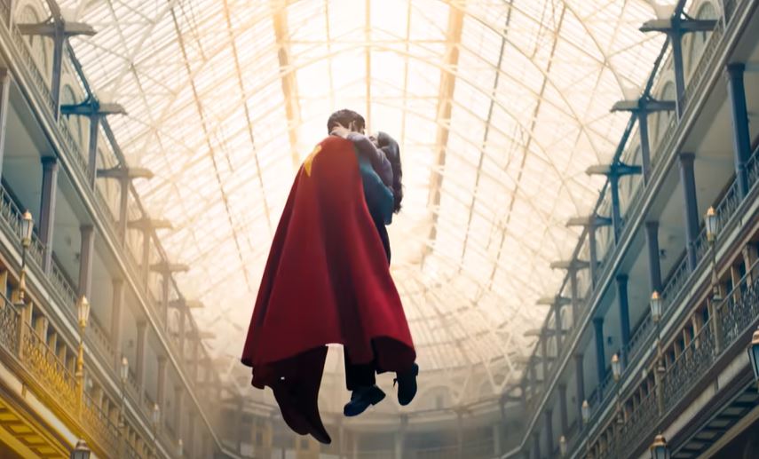 Superman and Lois Lane share an airborne kiss in The Cleveland Arcade