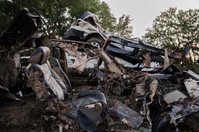 <p>Debris continues to float along the Guadalupe River after being swept up in the flash flooding Tuesday in Ingram, Texas</p>