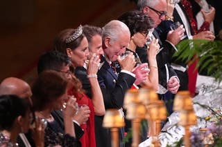 (from the middle left to right) Princess of Wales, French Emmanuel Macron President and King Charles in the state feast