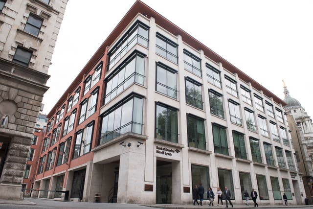 <p>A view of offices of US investment bank Bank of America Merrill Lynch in London on May 5, 2017</p>