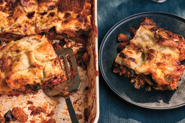 <p>With golden halloumi on top and layers of roast veg and béchamel beneath, this lasagne is comfort food with a Middle Eastern twist</p>