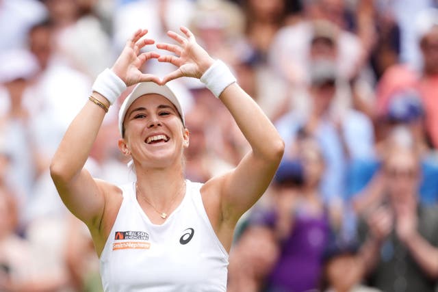 Belinda Bencic makes a heart gesture after defeating Mirra Andreeva (Adam Davy/PA)