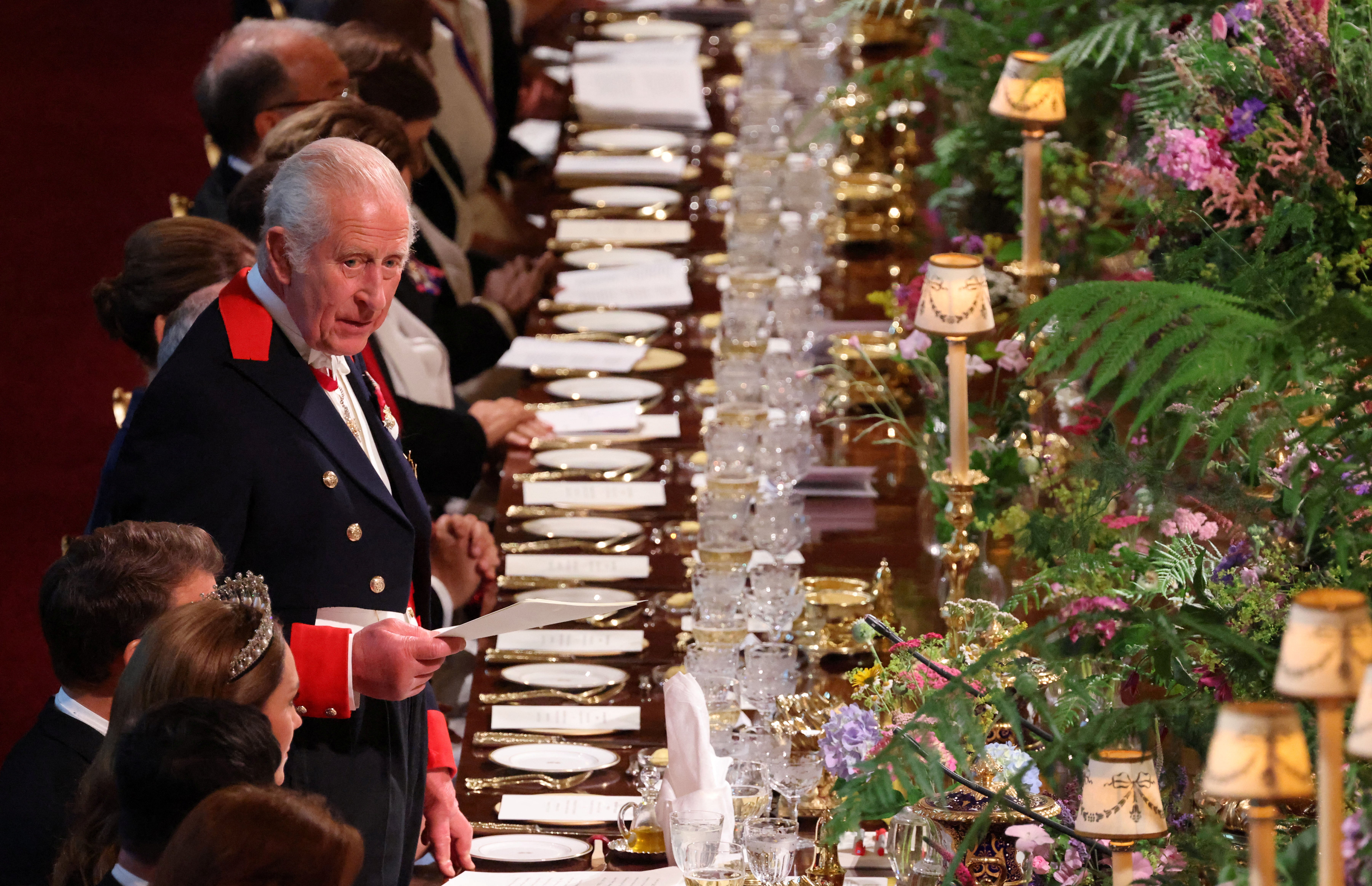 Britain's King Charles delivers a speech at the State Banquet for president of France Emmanuel Macron and his wife Brigitte Macron, at Windsor Castle, Berkshire, Britain, 8 July 2025