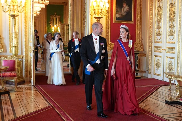 <p>The Prince and Princess of Wales, followed by the Princess Royal and Duke and Duchess of Edinburgh  arriving for the State Banquet for President of France Emmanuel Macron and his wife Brigitte Macron, at Windsor Castle, Berkshire, on day one of the French President's state visit to the UK. Picture date: Tuesday July 8, 2025. PA Photo. Photo credit should read: Aaron Chown/PA Wire</p>