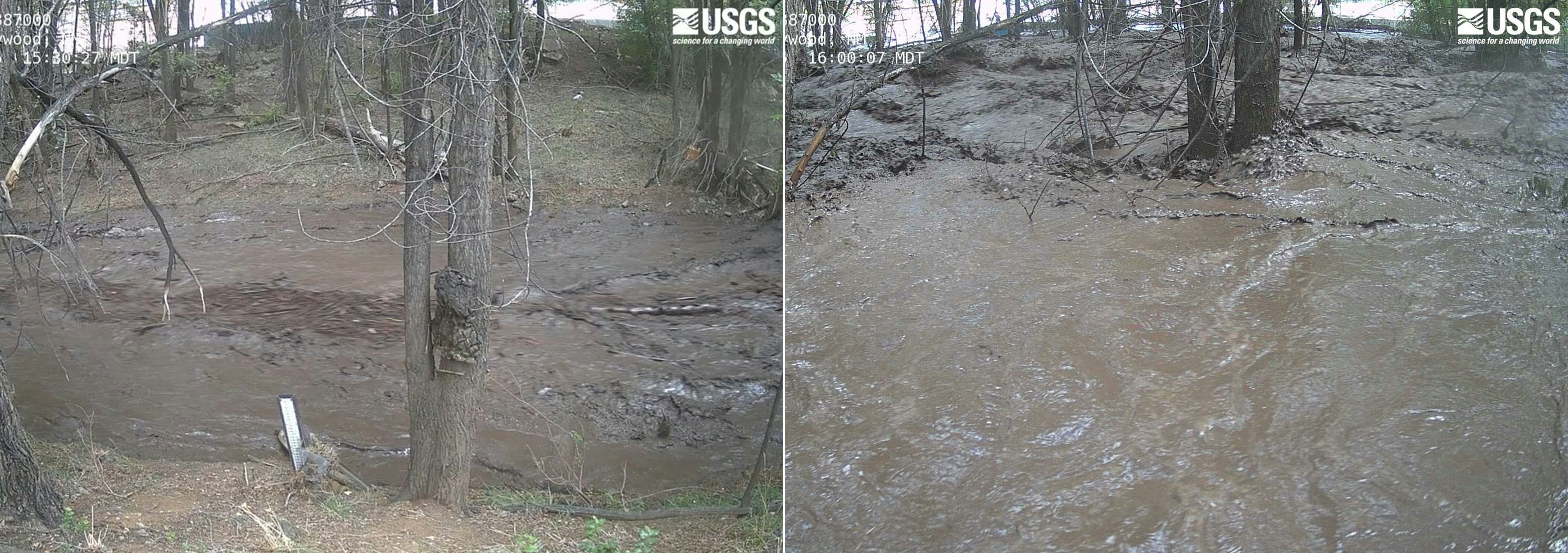 Photo shows the rising level of the Ruidoso River near Ruidoso, New Mexico, between 3.30pm and 4pm local time on Thursday July 8
