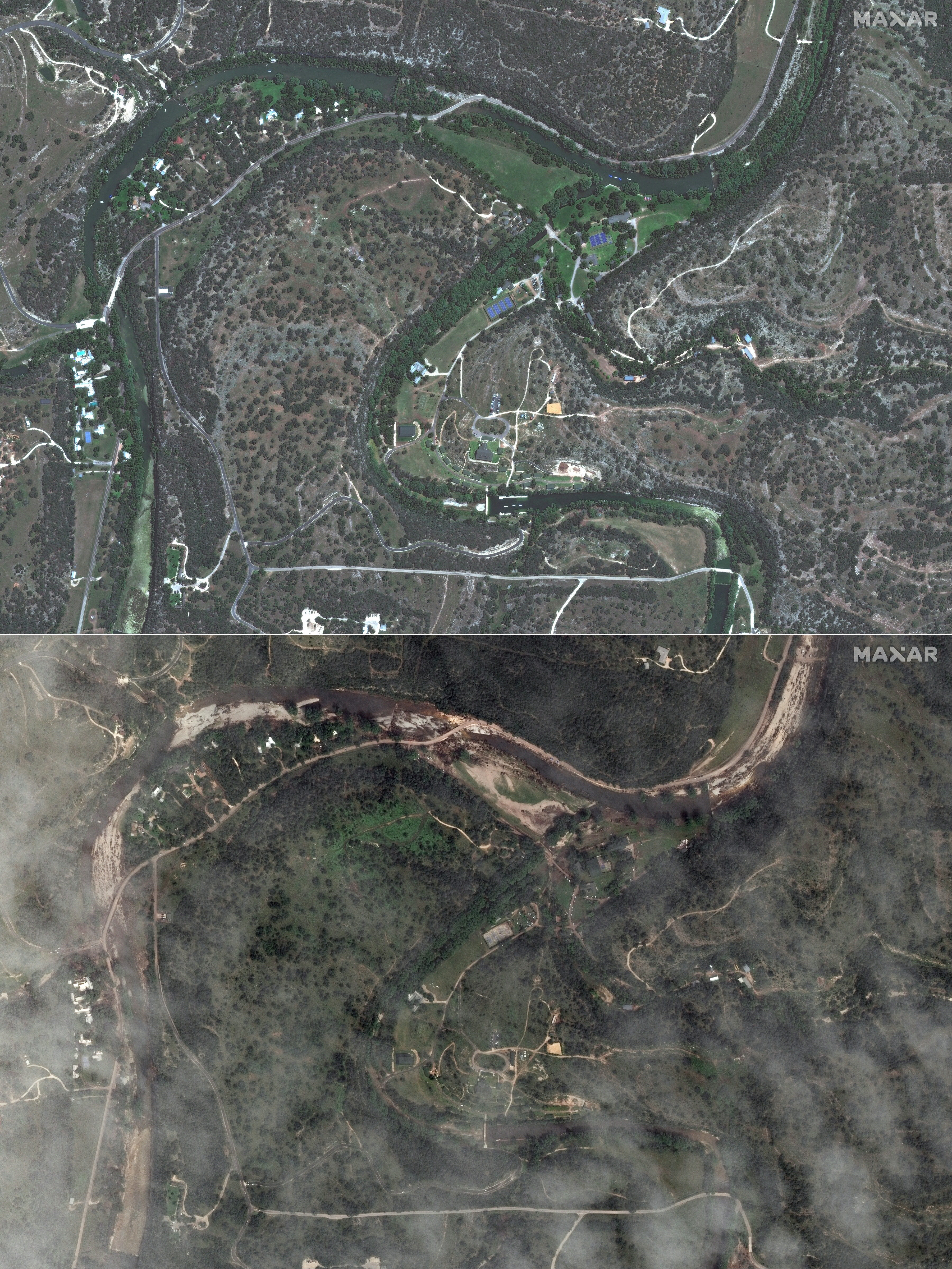 Pictures show an overview of Camp Mystic before severe flash flooding in Hunt, Texas, on June 23 and after on July 8