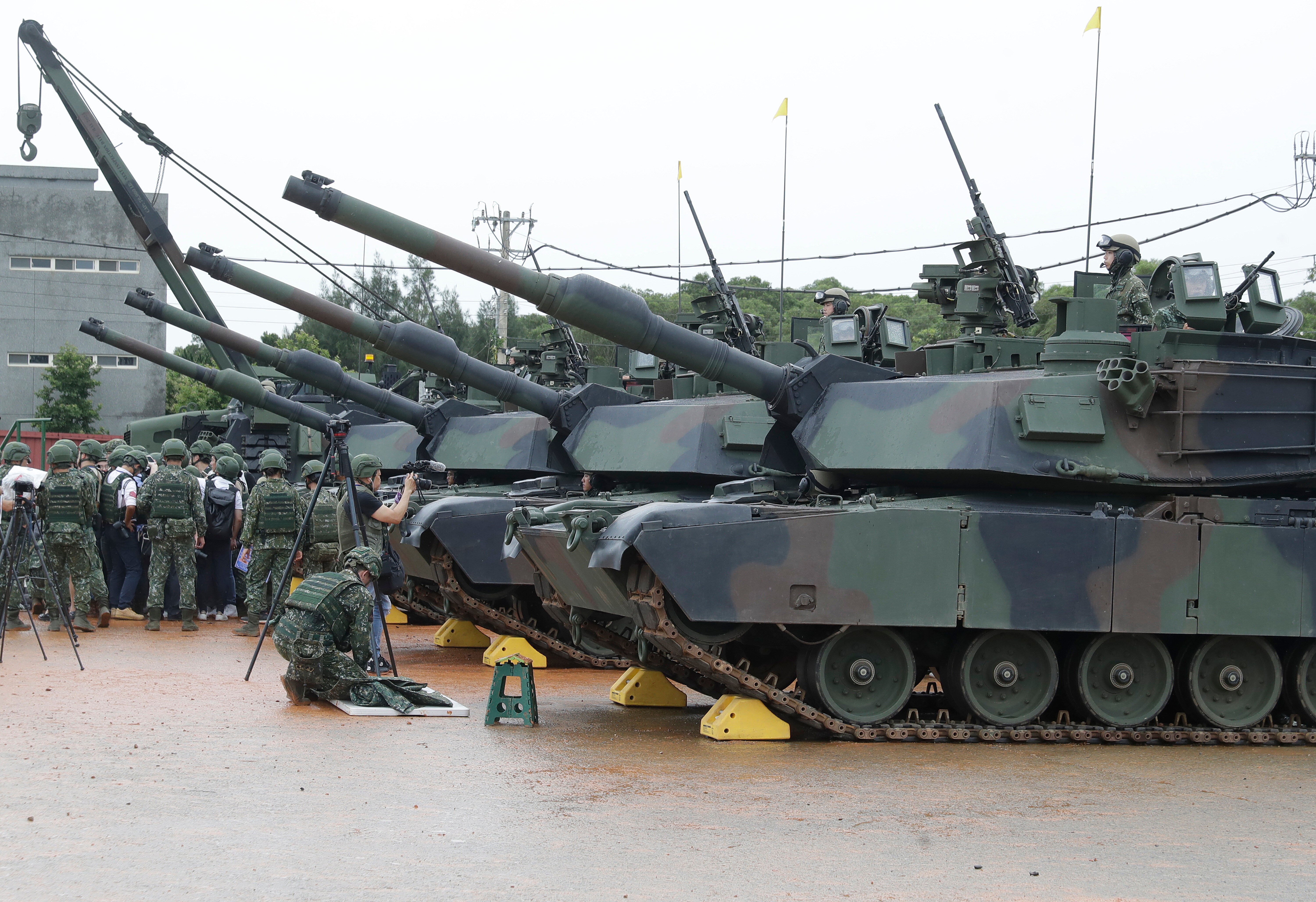 M1A2T Abrams main battle tanks are prepared for a military live-fire shooting training in Hsinchu County, Taiwan, Thursday