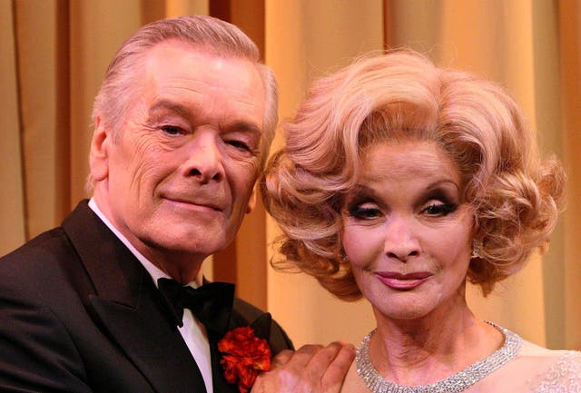 <p>Frank Barrie as Noel Coward and Kate O'Mara as Marlene Dietrich in the play 'Lunch With Marlene', at the New End Theatre in Hampstead, north London.</p>