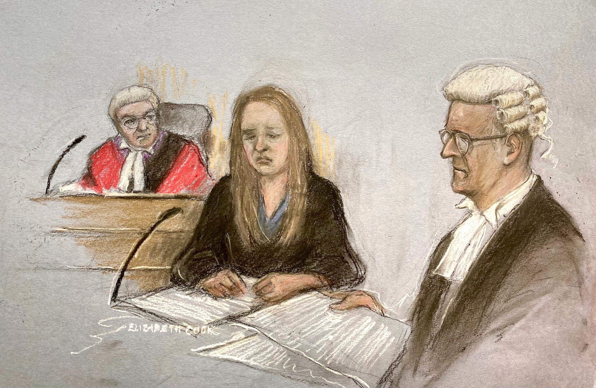 The court artist sketch by Lucy Latbi's Elizabeth Cook looked upset when Nicholas Johnson KC (right) said she was enjoying what happened to Child C because she appeared in the Manchester Crown Court, where she was accused of killing seven infants