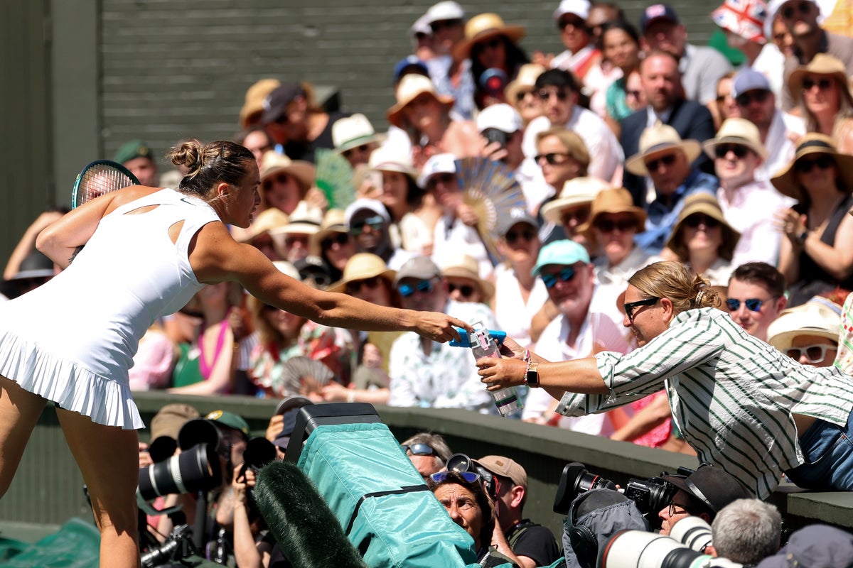 Aryna Sabalenka gives fan a water bottle after they faint during Wimbledon semi-final Aryna Sabalenka gives fan a water bottle after they faint during Wimbledon semi-final